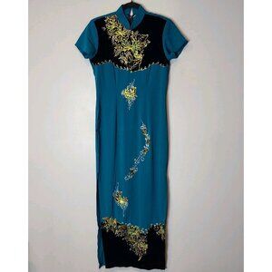 Velvet Silky Cheongsam Full‎ Length Dress Gothic Small Mandarin Gilded Glitter